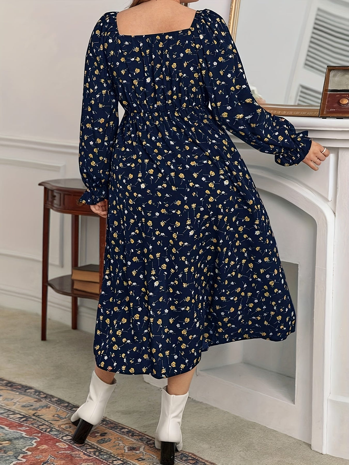 jkthpu-45 Plus Size Floral Print Square Neck Long Sleeve Midi Dress - Navy Blue & Golden Casual Pencil Dress for Women, Machine Washable Spring/Fall Outfits, Seasonal Clothing, Flowing Silhouette, Comfortable Material, Casual Attire
