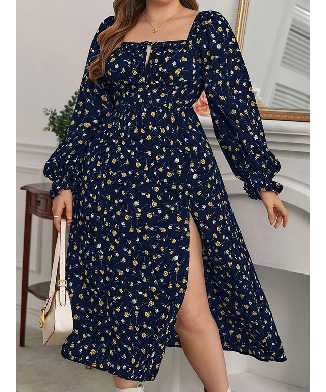 jkthpu-45 Plus Size Floral Print Square Neck Long Sleeve Midi Dress - Navy Blue & Golden Casual Pencil Dress for Women, Machine Washable Spring/Fall Outfits, Seasonal Clothing, Flowing Silhouette, Comfortable Material, Casual Attire