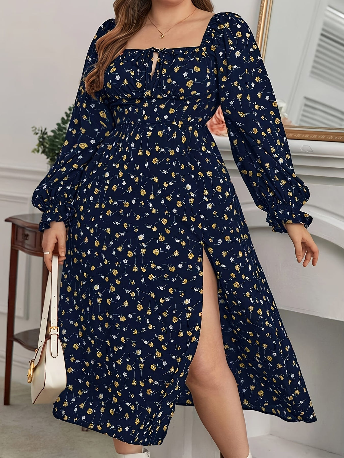 jkthpu-45 Plus Size Floral Print Square Neck Long Sleeve Midi Dress - Navy Blue & Golden Casual Pencil Dress for Women, Machine Washable Spring/Fall Outfits, Seasonal Clothing, Flowing Silhouette, Comfortable Material, Casual Attire