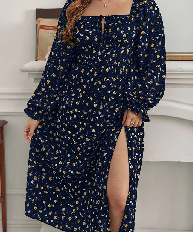 jkthpu-45 Plus Size Floral Print Square Neck Long Sleeve Midi Dress - Navy Blue & Golden Casual Pencil Dress for Women, Machine Washable Spring/Fall Outfits, Seasonal Clothing, Flowing Silhouette, Comfortable Material, Casual Attire