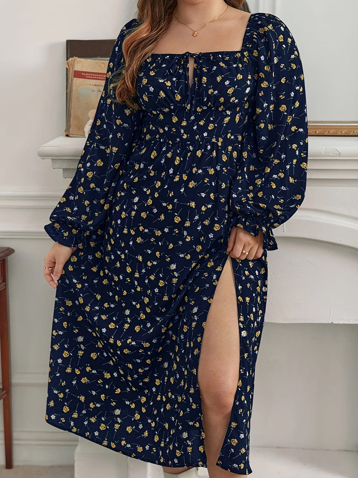 jkthpu-45 Plus Size Floral Print Square Neck Long Sleeve Midi Dress - Navy Blue & Golden Casual Pencil Dress for Women, Machine Washable Spring/Fall Outfits, Seasonal Clothing, Flowing Silhouette, Comfortable Material, Casual Attire