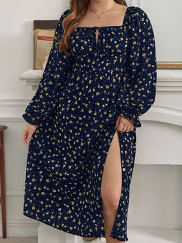 jkthpu-45 Plus Size Floral Print Square Neck Long Sleeve Midi Dress - Navy Blue & Golden Casual Pencil Dress for Women, Machine Washable Spring/Fall Outfits, Seasonal Clothing, Flowing Silhouette, Comfortable Material, Casual Attire