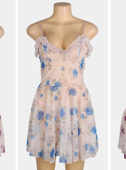 KissICON Plus Size Floral print transparent mesh sexy woman babydoll chemise lingerie set from M- 5XL