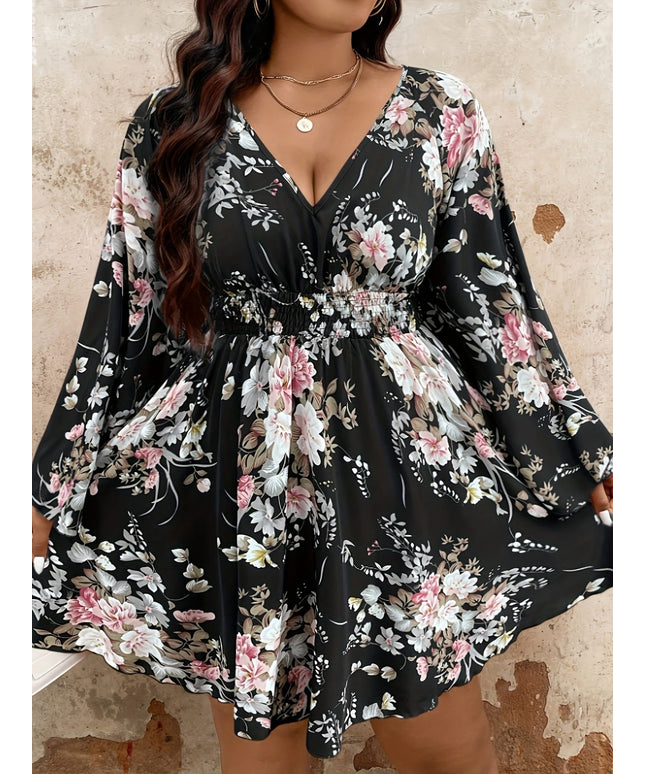 jkthpu-45 Plus Size Floral Print V-Neck Bell Sleeve Dress - Knee-Length Loose Fit Summer Casual Outfit, Machine Washable Black & Pink Floral Pattern for Women, Floral Shirt Dress, Warm Weather Fashion, Elegant Style, Lightweight Fabric, Relaxed Style