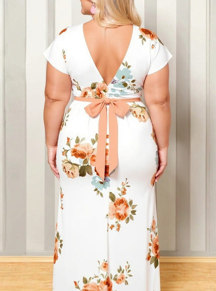 KISSICON Plus Size Floral Print V-Neck Belted Maxi Dress – Elegant Summer Vacation Outfit