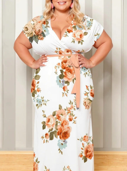 KISSICON Plus Size Floral Print V-Neck Belted Maxi Dress – Elegant Summer Vacation Outfit