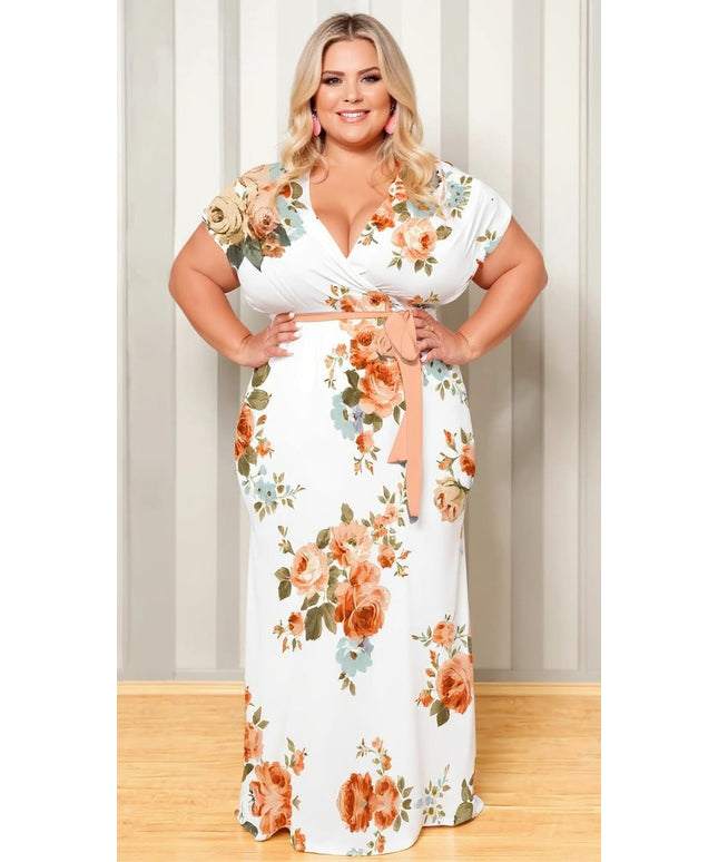 KISSICON Plus Size Floral Print V-Neck Belted Maxi Dress – Elegant Summer Vacation Outfit