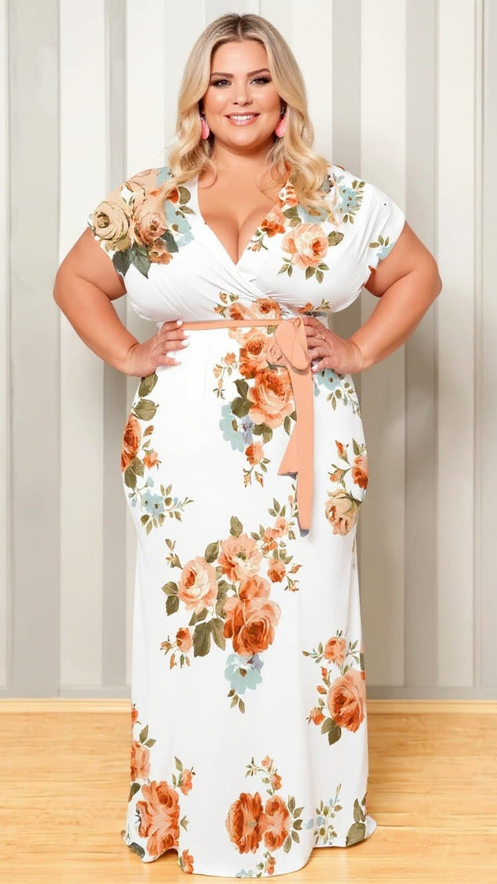 Plus Size Floral Print V-Neck Belted Maxi Dress – Elegant Summer Vacation Outfit