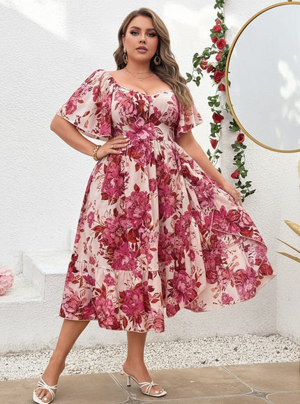 jkthpu-45 Dresses Plus Size Floral Ruffle Sleeve Summer Dress