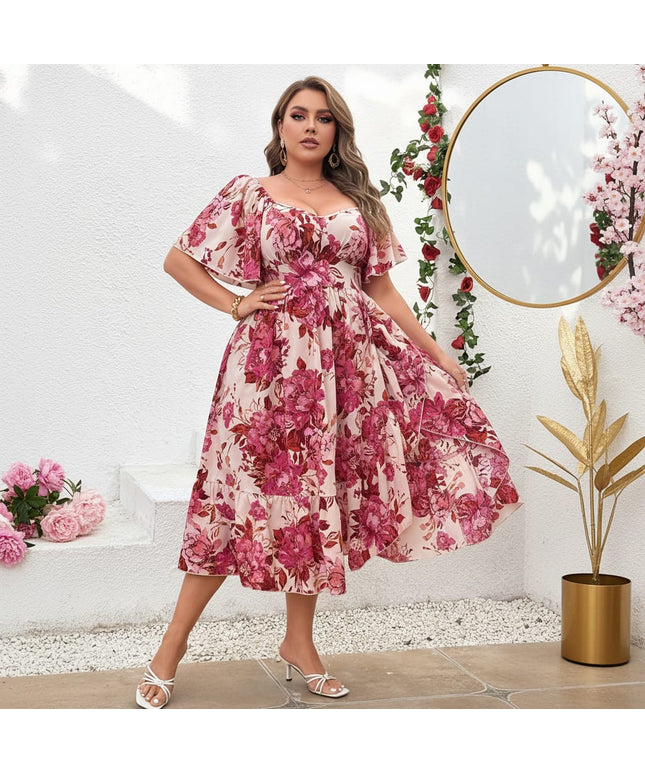 jkthpu-45 Dresses Plus Size Floral Ruffle Sleeve Summer Dress