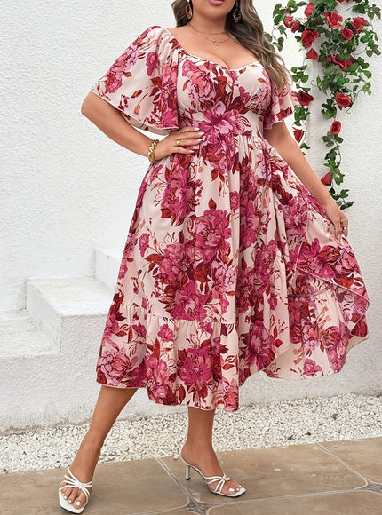 jkthpu-45 Dresses Plus Size Floral Ruffle Sleeve Summer Dress
