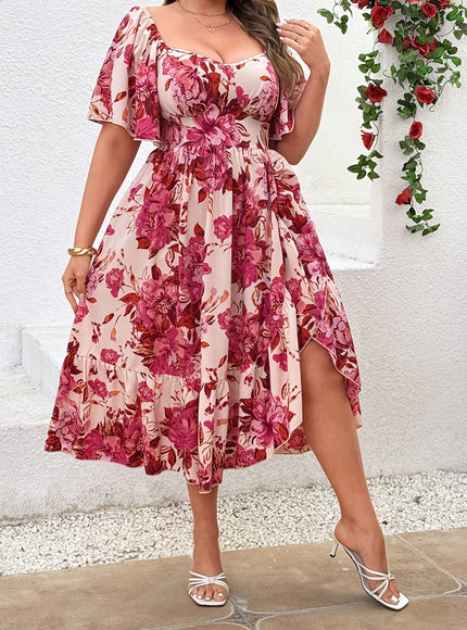 jkthpu-45 Dresses Plus Size Floral Ruffle Sleeve Summer Dress