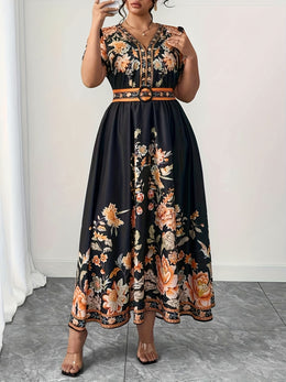 jkthpu-45 Plus Size Floral VNeck Maxi Dress Summer Vacation Ready