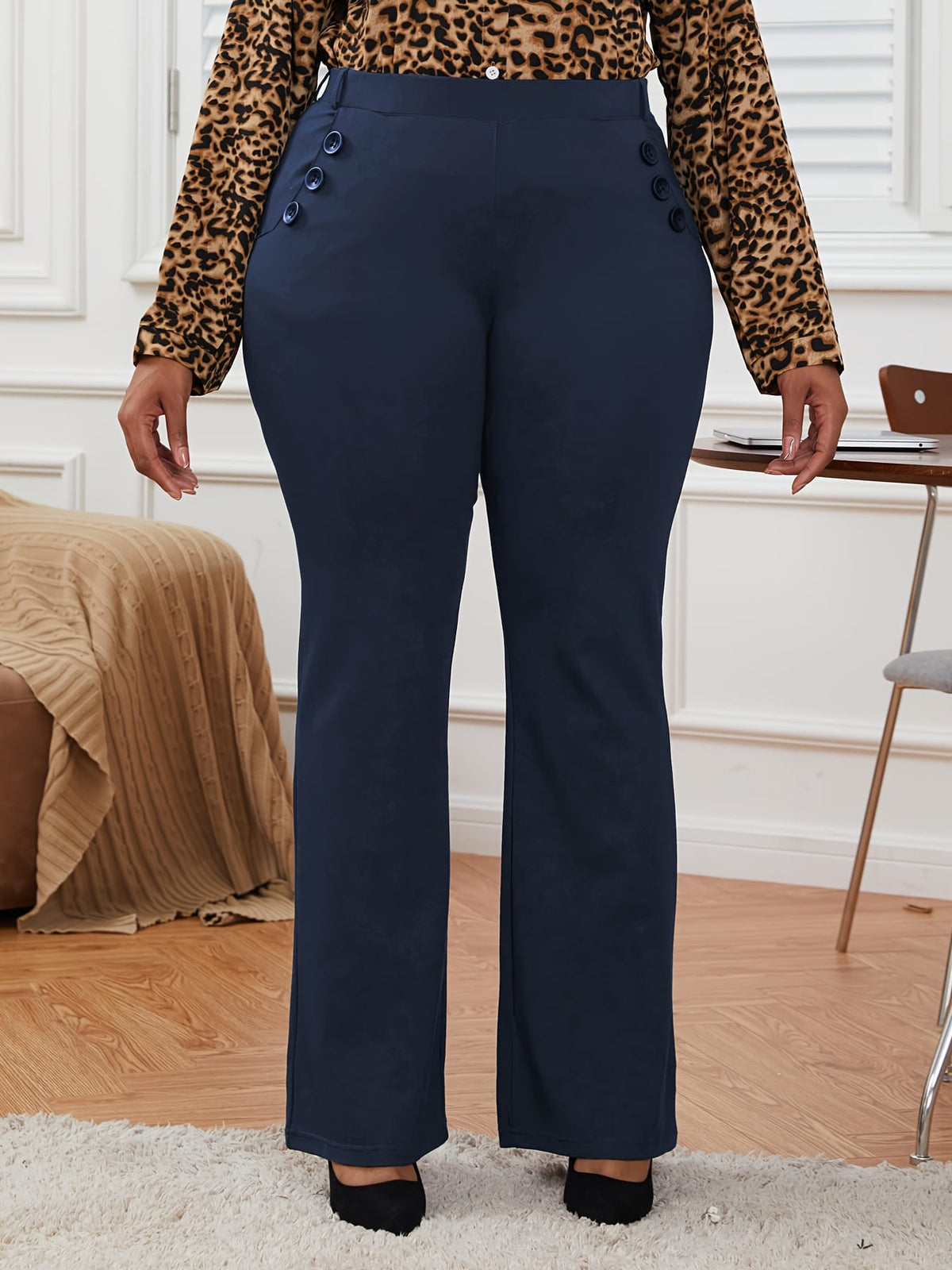jkthpu-45 Plus Size Formal Pants, Women's Plus Plain Button