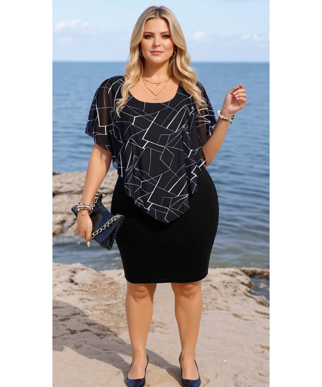 KISSICON Plus Size Geometric Cloak Sleeve Bodycon Mini Dress – Elegant Summer Cocktail & Party Dress