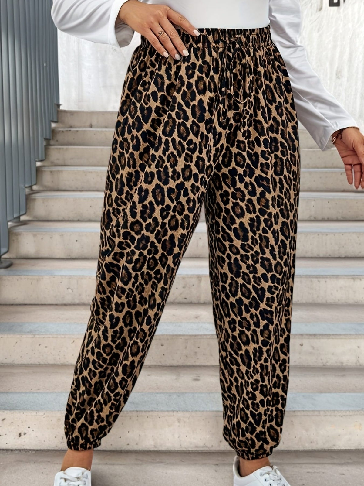 jkthpu-45 Plus Size Geometric Print High Waist Casual Summer Pants
