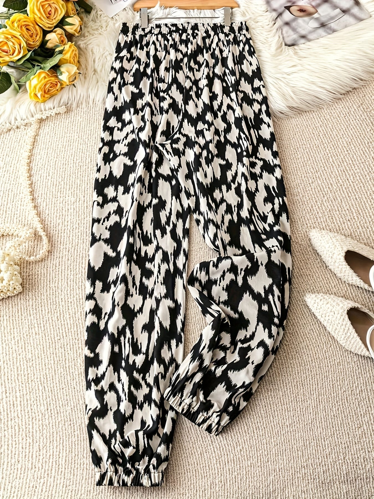 jkthpu-45 Plus Size Geometric Print High Waist Casual Summer Pants