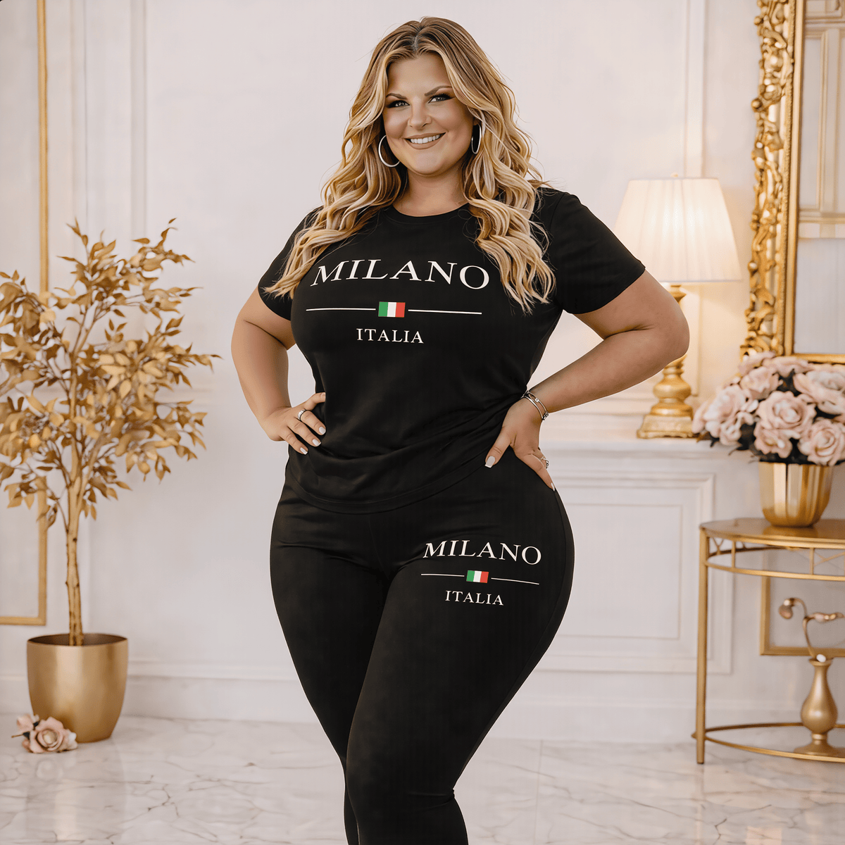 jkthpu-45 Sports Set Plus Size Geometric Print Sports Co-ord Set – Short Sleeve Top & Jogger Pants