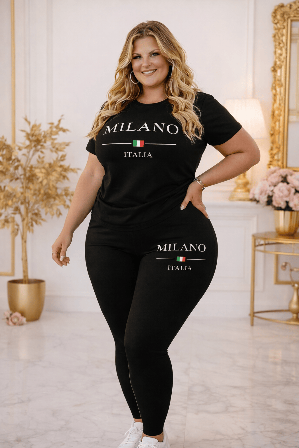 jkthpu-45 Sports Set Plus Size Geometric Print Sports Co-ord Set – Short Sleeve Top & Jogger Pants