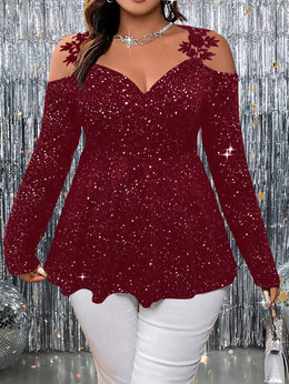 jkthpu-45 Plus Size Glitter Star Lace OffShoulder Party Top