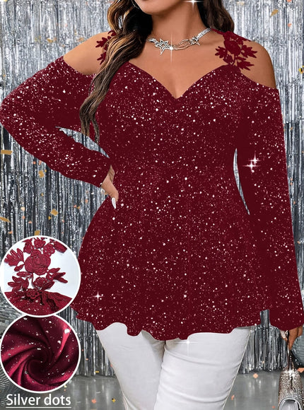 jkthpu-45 Plus Size Glitter Star Lace OffShoulder Party Top