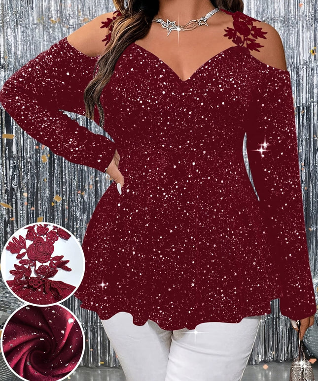 jkthpu-45 Plus Size Glitter Star Lace OffShoulder Party Top