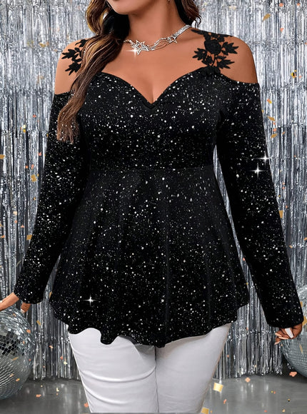 jkthpu-45 Plus Size Glitter Star Lace OffShoulder Party Top