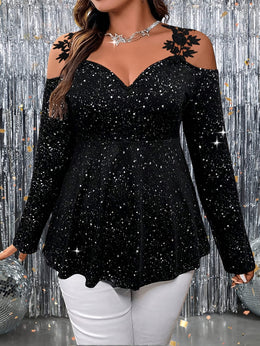 jkthpu-45 Plus Size Glitter Star Lace OffShoulder Party Top