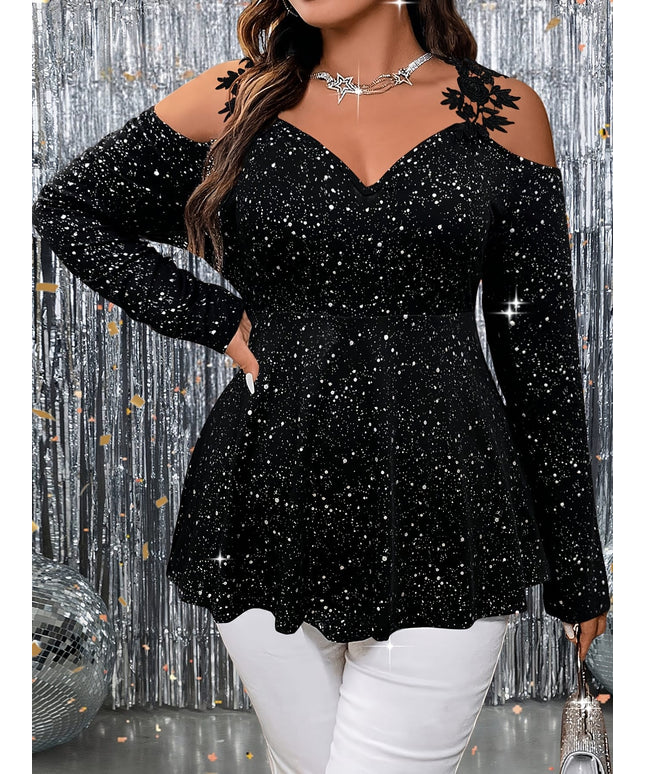 jkthpu-45 Plus Size Glitter Star Lace OffShoulder Party Top