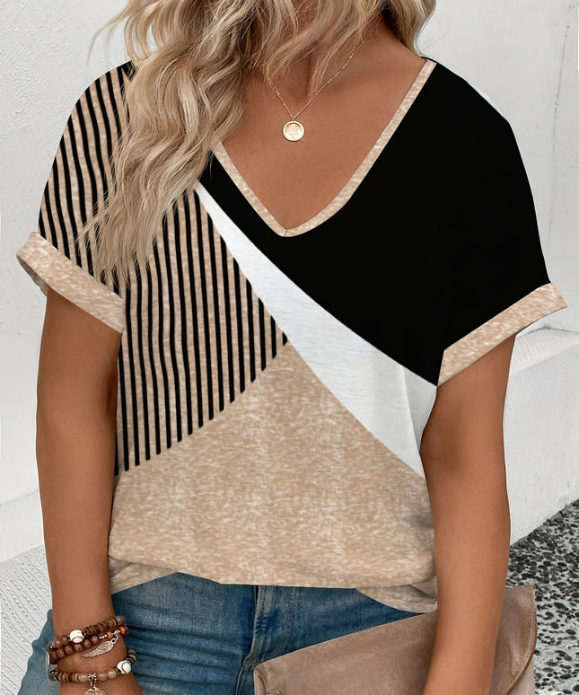jkthpu-45 Plus Size Graphic VNeck Tee Black Beige Striped