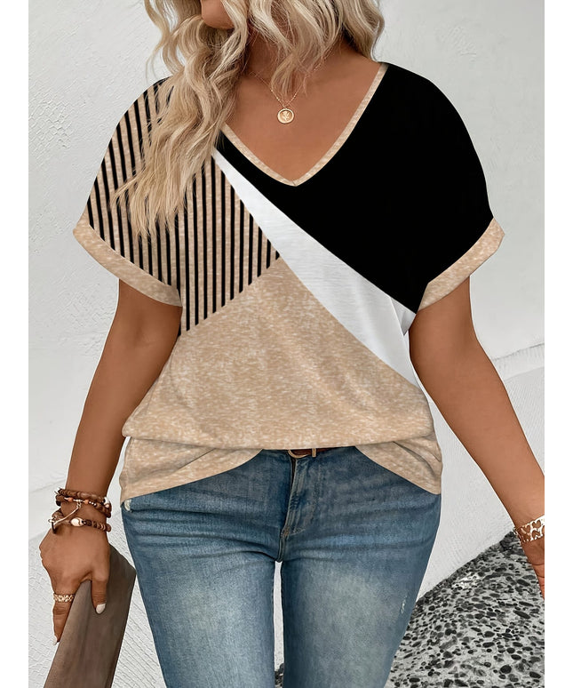 jkthpu-45 Plus Size Graphic VNeck Tee Black Beige Striped