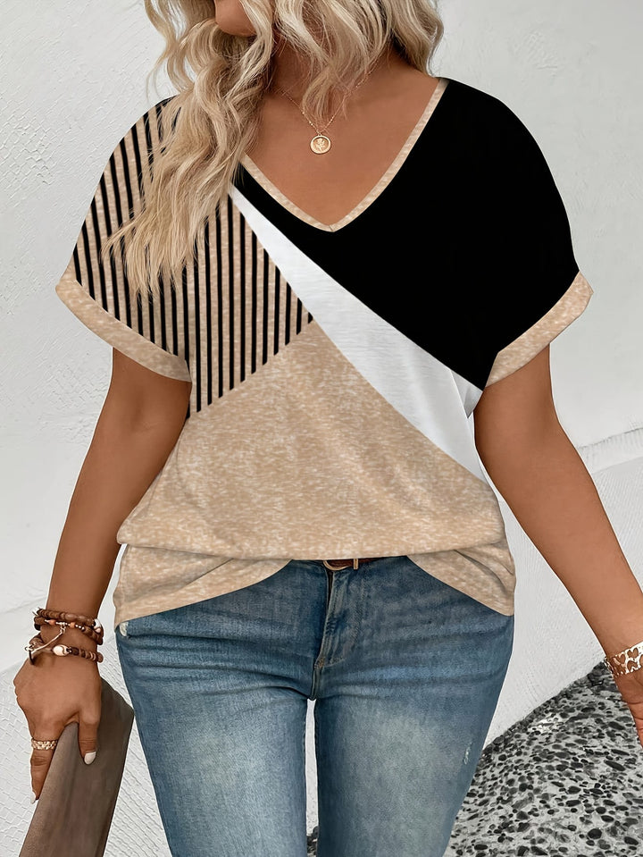 Plus Size Graphic VNeck Tee Black Beige Striped