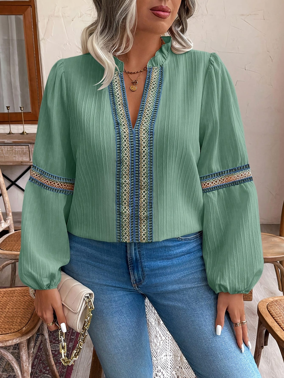 jkthpu-45 Plus Size Green Blouse