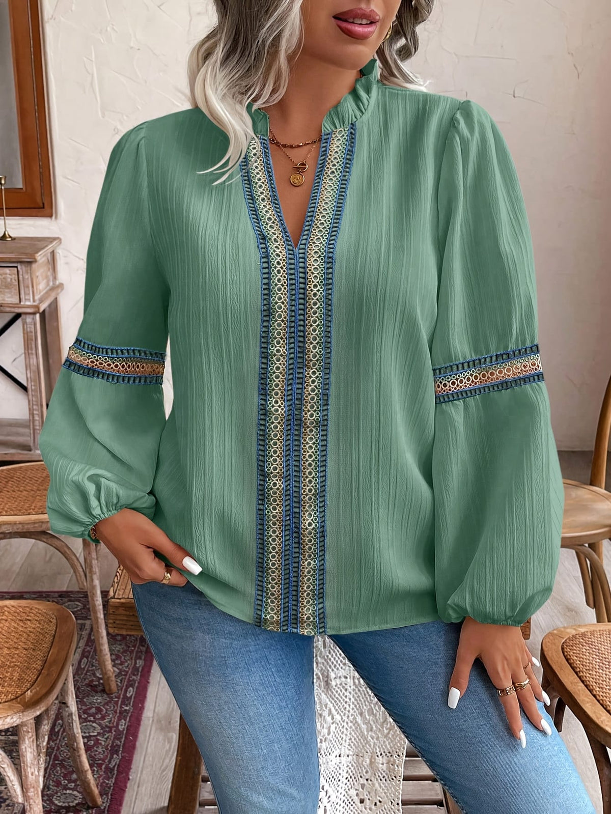 jkthpu-45 Plus Size Green Blouse