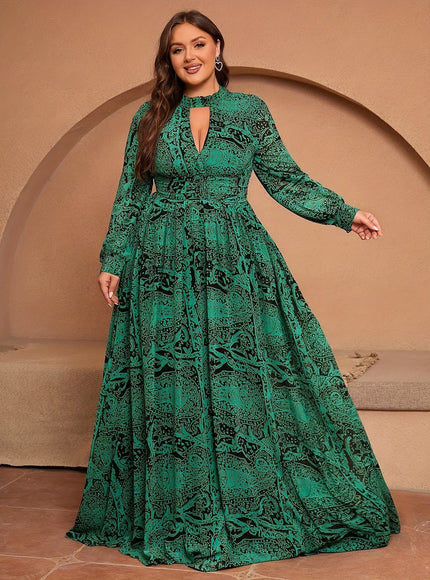 jkthpu-45 Plus Size, Green Long-Sleeve Chiffon Printed Vacation Bridesmaid Dress Middle Eastern Attire