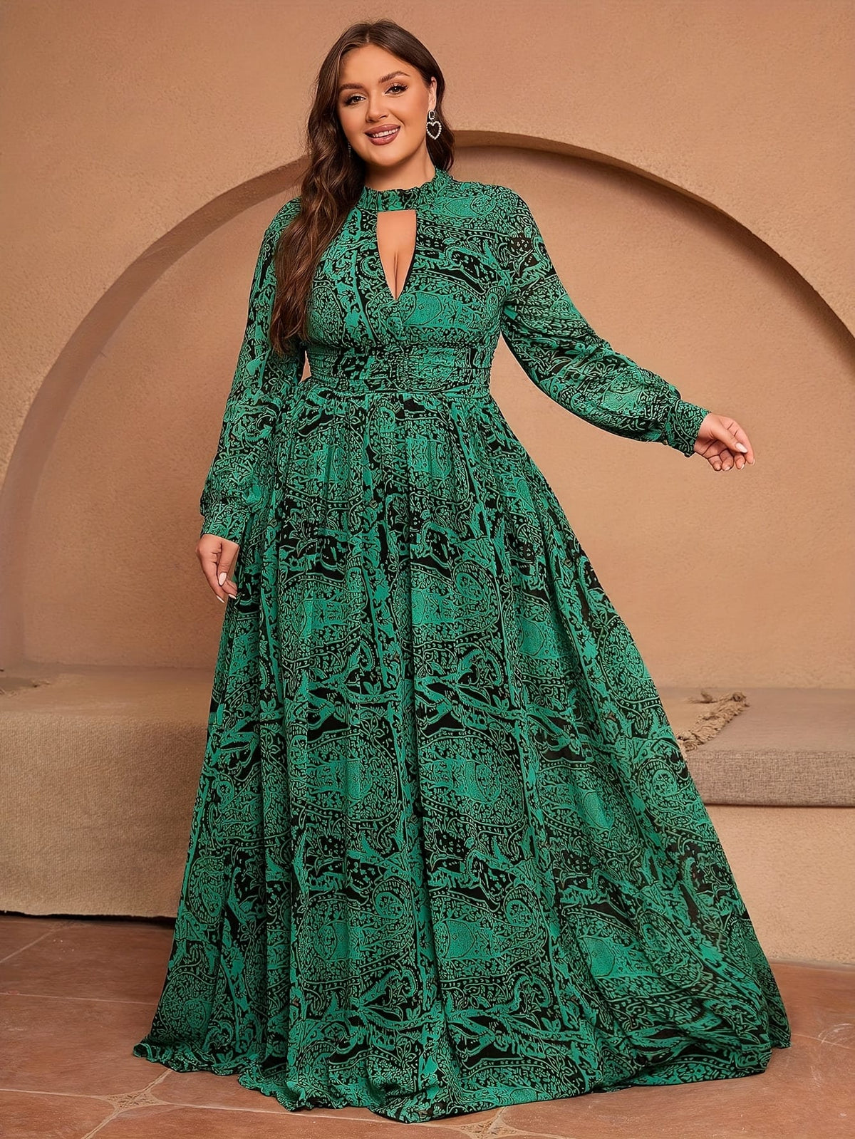 jkthpu-45 Plus Size, Green Long-Sleeve Chiffon Printed Vacation Bridesmaid Dress Middle Eastern Attire