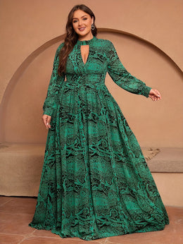 jkthpu-45 Plus Size, Green Long-Sleeve Chiffon Printed Vacation Bridesmaid Dress Middle Eastern Attire