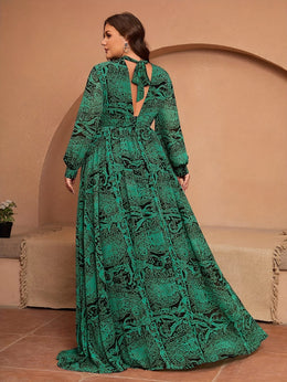 jkthpu-45 Plus Size, Green Long-Sleeve Chiffon Printed Vacation Bridesmaid Dress Middle Eastern Attire