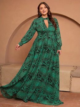 jkthpu-45 Plus Size, Green Long-Sleeve Chiffon Printed Vacation Bridesmaid Dress Middle Eastern Attire