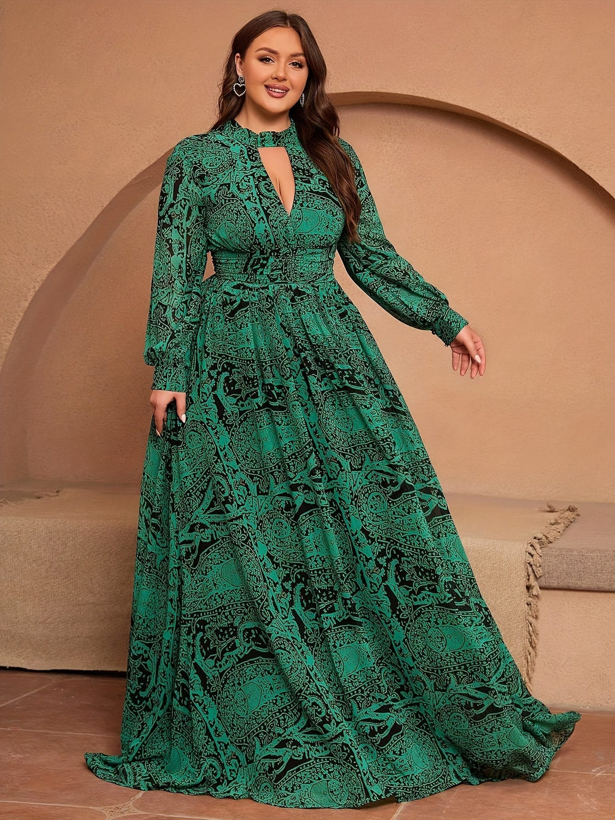 jkthpu-45 Plus Size, Green Long-Sleeve Chiffon Printed Vacation Bridesmaid Dress Middle Eastern Attire