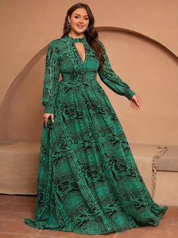 jkthpu-45 Plus Size, Green Long-Sleeve Chiffon Printed Vacation Bridesmaid Dress Middle Eastern Attire