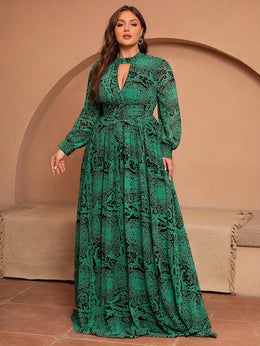 jkthpu-45 Plus Size, Green Long-Sleeve Chiffon Printed Vacation Bridesmaid Dress Middle Eastern Attire