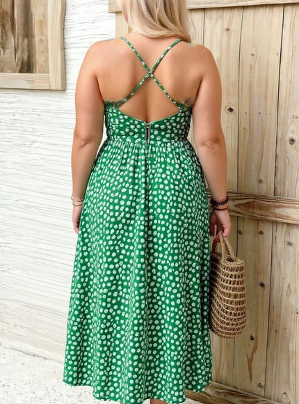 KissICON Plus Size Green Printed Spaghetti Strap Maxi Dress with Side Slit