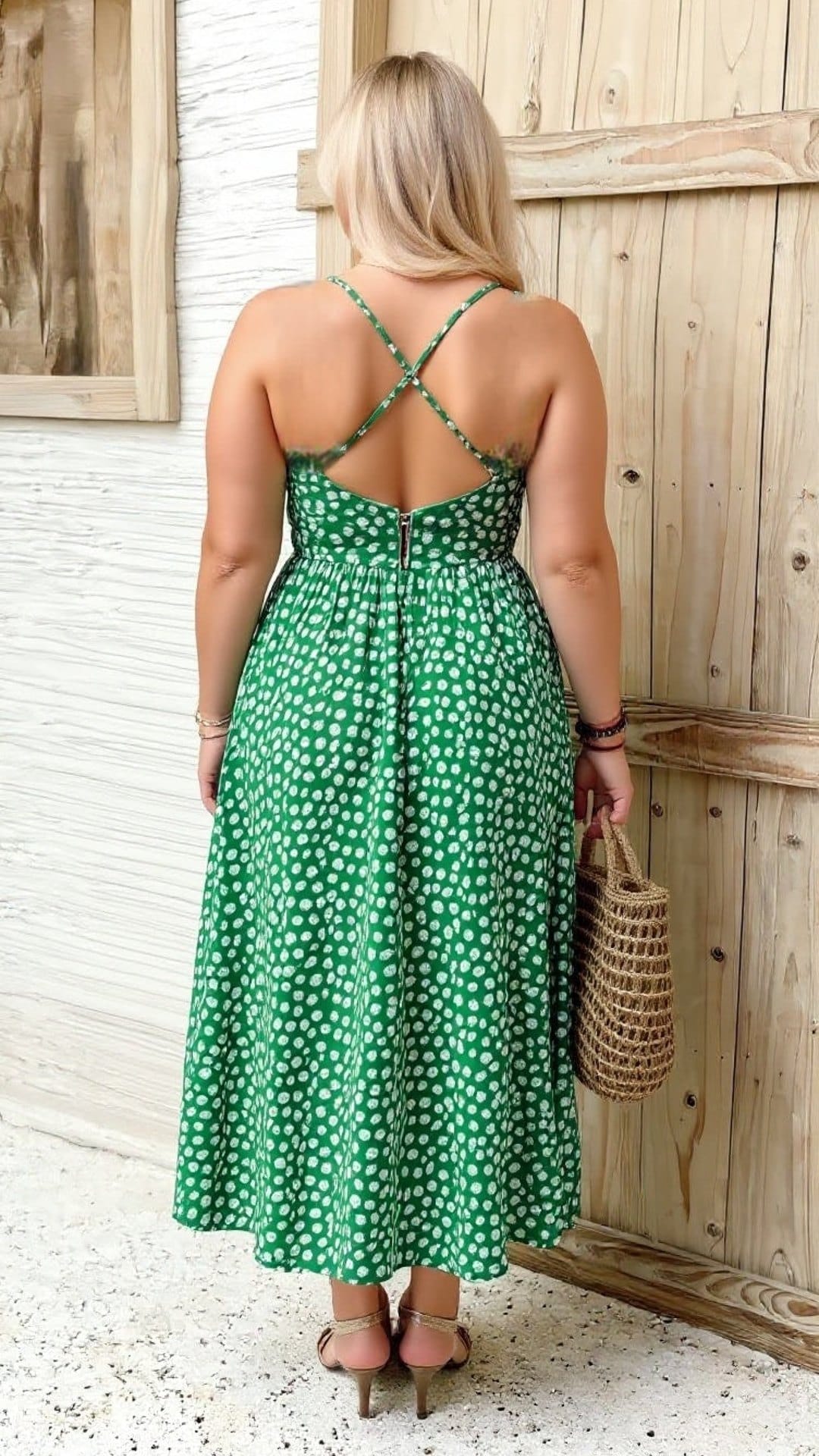 KissICON Plus Size Green Printed Spaghetti Strap Maxi Dress with Side Slit