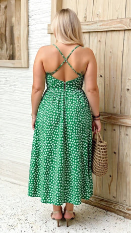KissICON Plus Size Green Printed Spaghetti Strap Maxi Dress with Side Slit