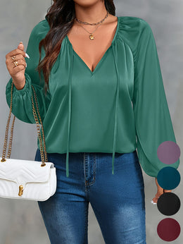 jkthpu-45 Plus Size Green Ruffle VNeck Blouse Effortless Casual Style