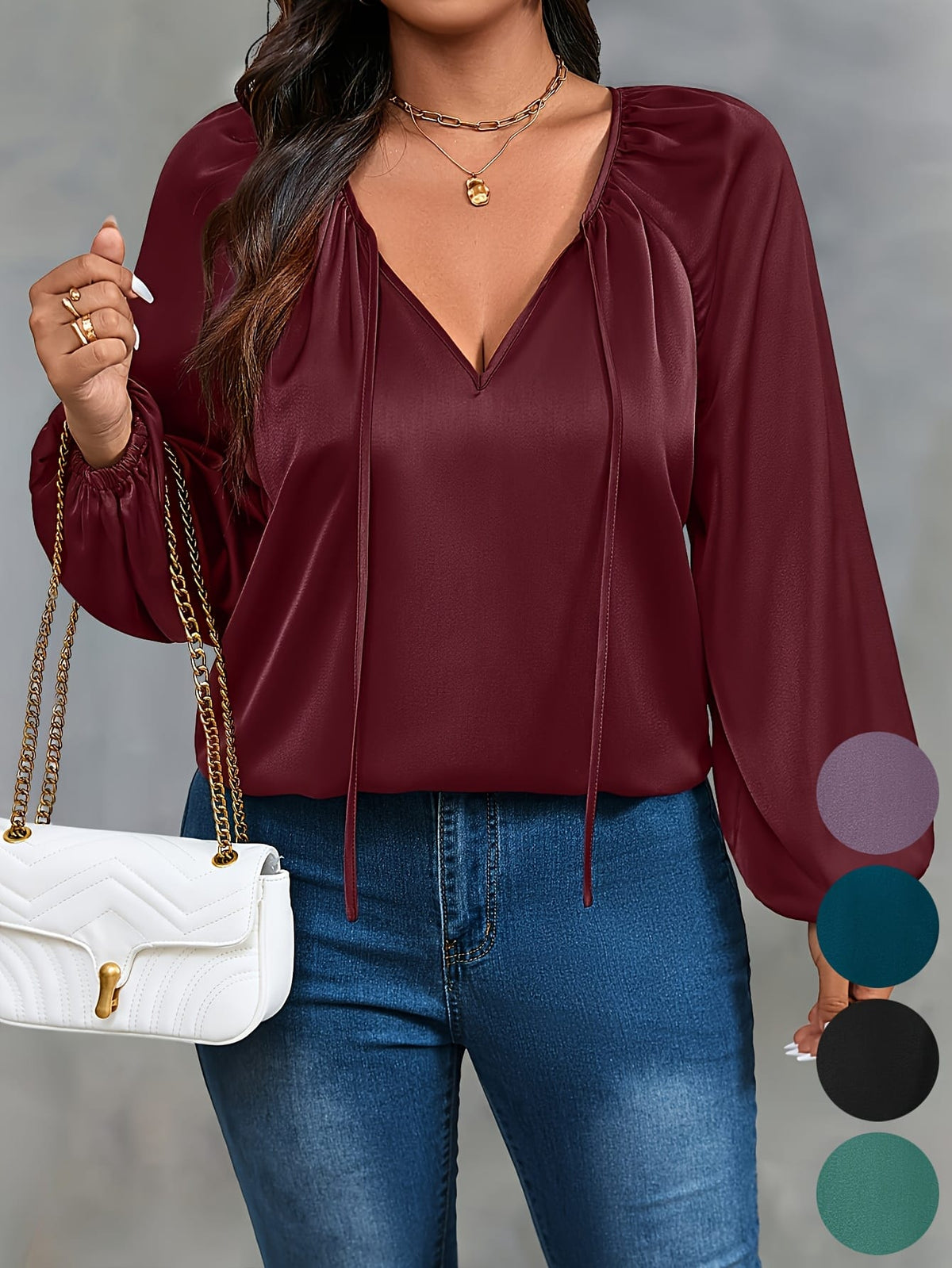 jkthpu-45 Plus Size Green Ruffle VNeck Blouse Effortless Casual Style
