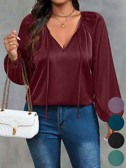 jkthpu-45 Plus Size Green Ruffle VNeck Blouse Effortless Casual Style