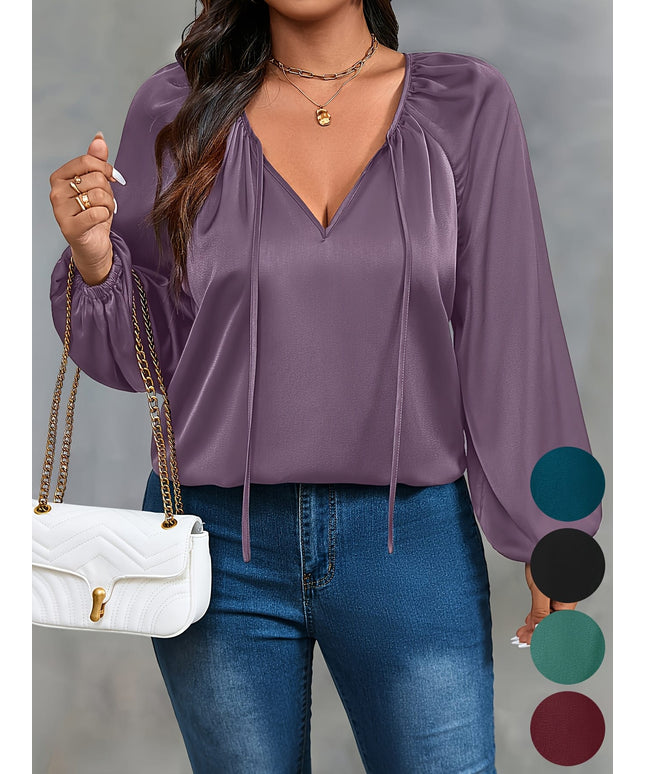 jkthpu-45 Plus Size Green Ruffle VNeck Blouse Effortless Casual Style