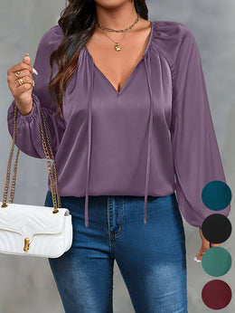 jkthpu-45 Plus Size Green Ruffle VNeck Blouse Effortless Casual Style